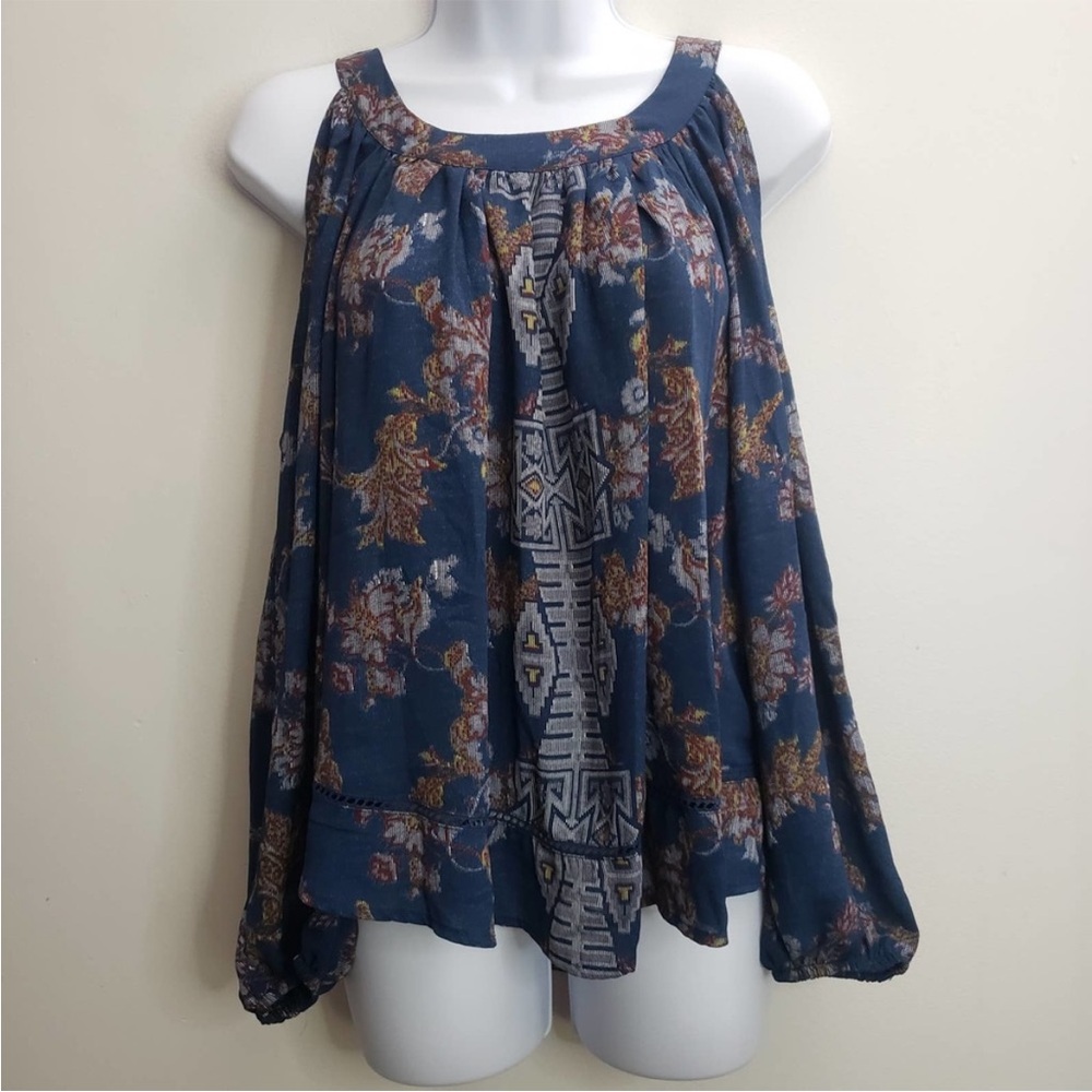 Knox Rose Cold Shoulder Top XS Blue Red Floral Long Puff Sleeves Chiffon
